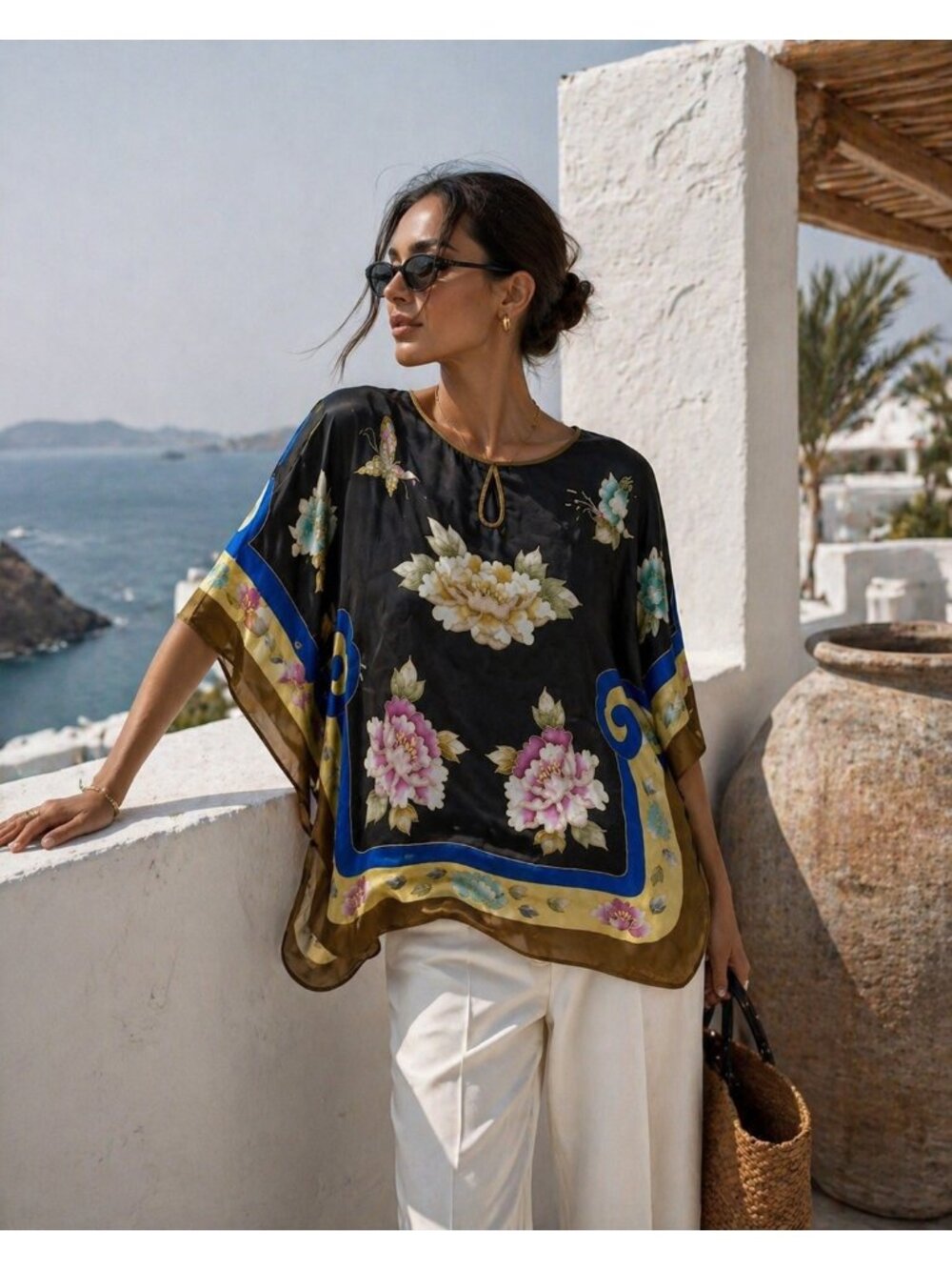 ASILK 100%Silk Floral Kaftan Blouse XXL Black Oversized Boho Resort Vacation Top